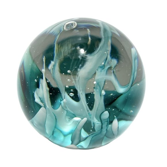 Vintage 1990s Abstract Sea Life Art Glass Paperweight Turquoise Clear Handblown - Picture 5 of 8